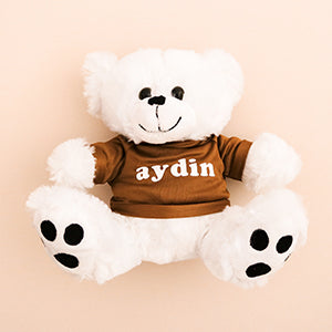 Personalized White Plush Bear w/ brown Tshirt. Great Ring boy gift